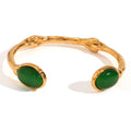 Oval Stone Hammered Open Cuff Bracelet - Green