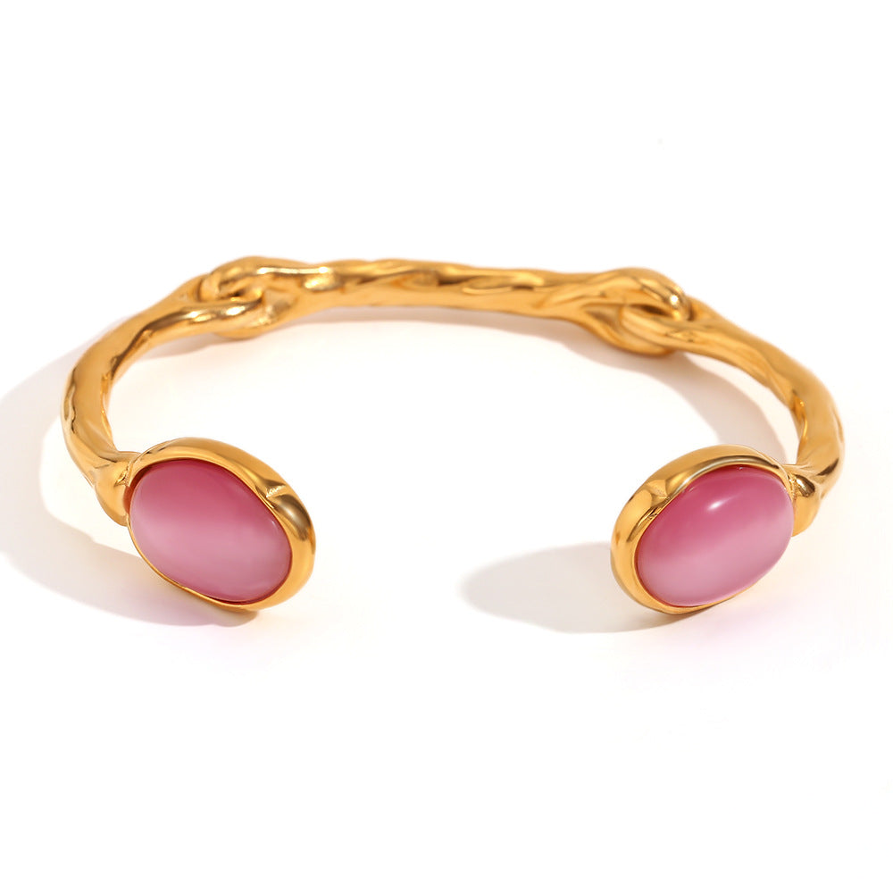 Oval Stone Hammered Open Cuff Bracelet - Pink