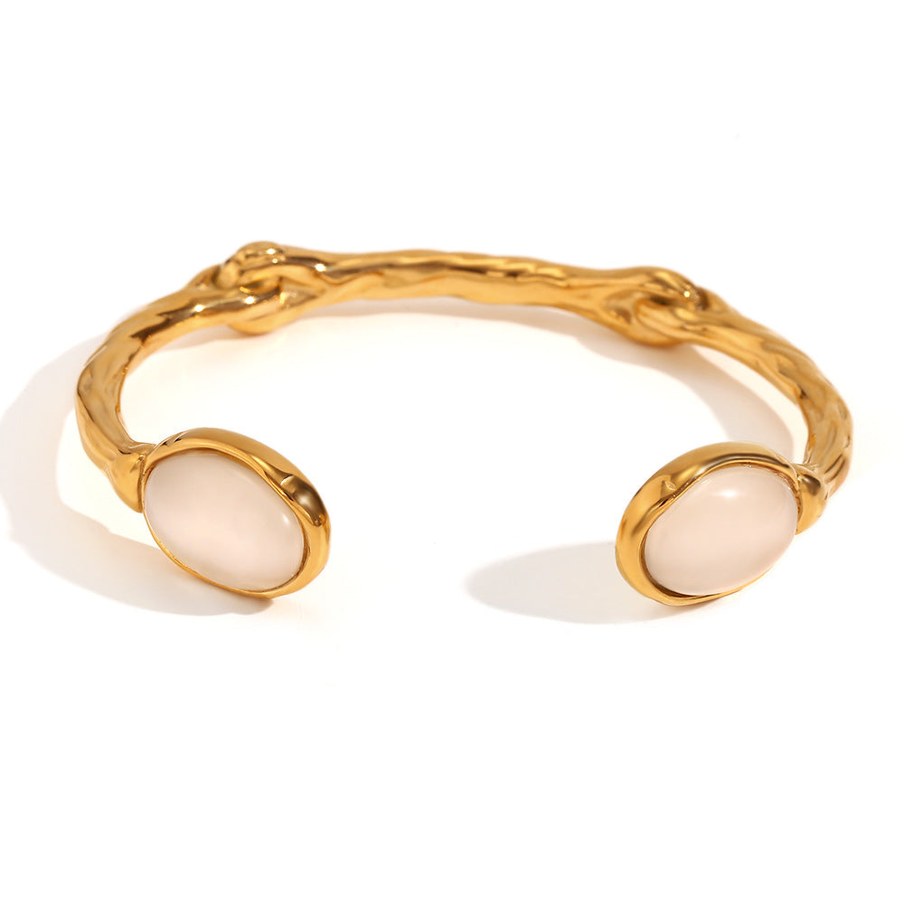 Oval Stone Hammered Open Cuff Bracelet - White