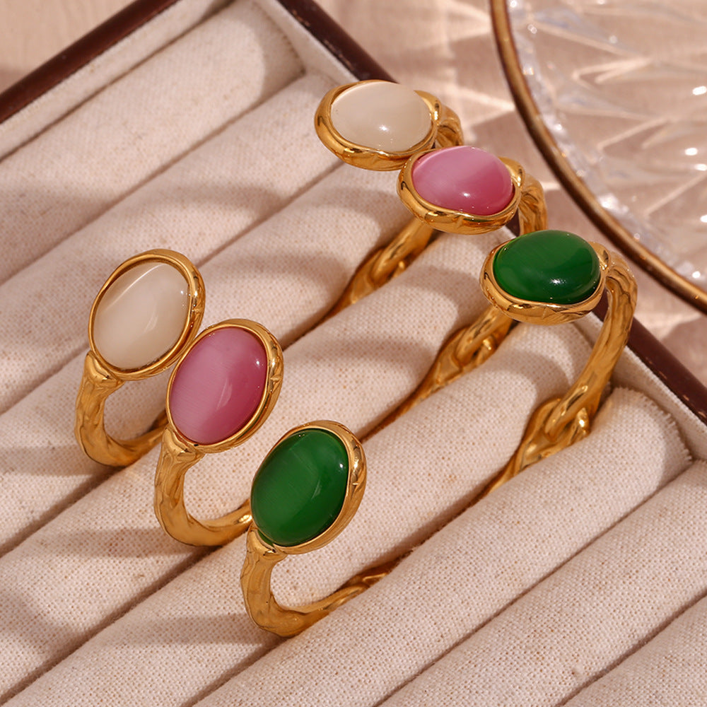 Oval Stone Hammered Open Cuff Bracelet