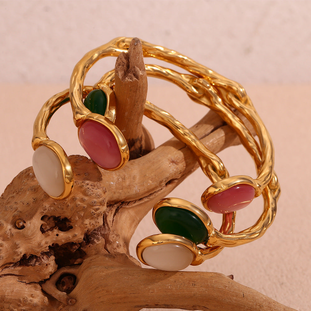 Oval Stone Hammered Open Cuff Bracelet - view 1