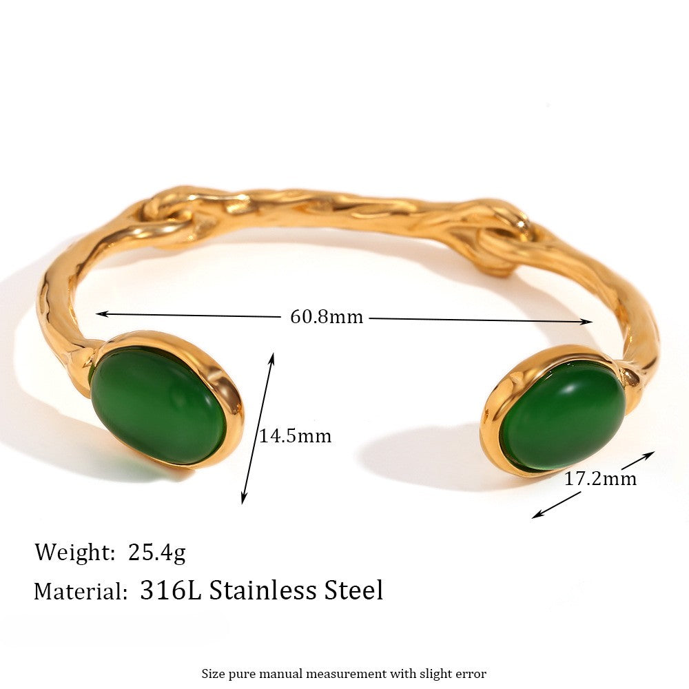 Oval Stone Hammered Open Cuff Bracelet - view 2