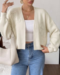 Cropped Open Front Cardigan With Line Art Flowers - Beige