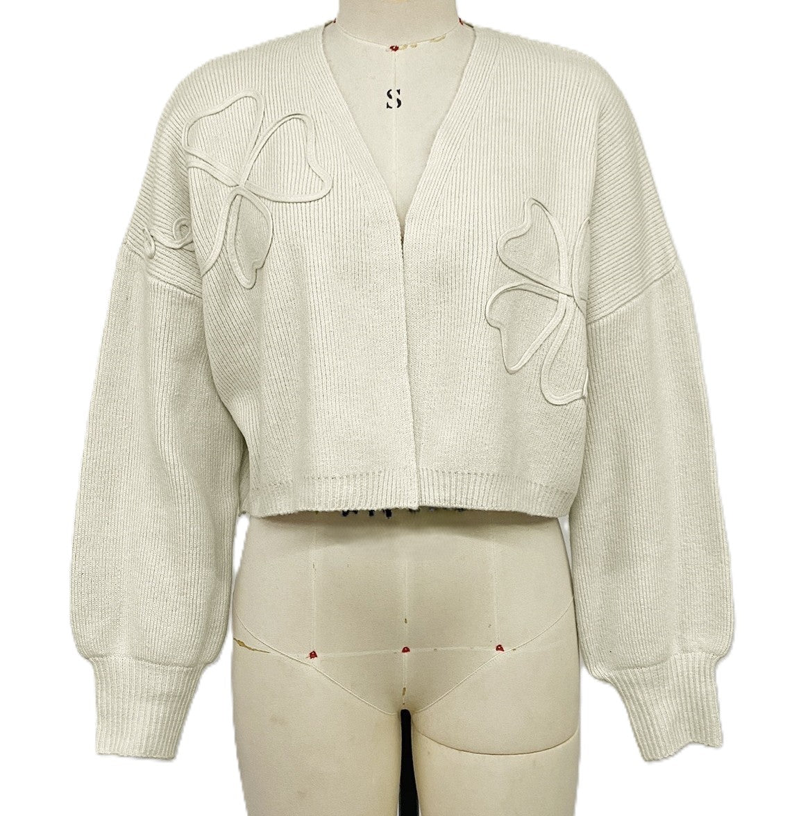 Cropped Open Front Cardigan With Line Art Flowers - Beige - 1