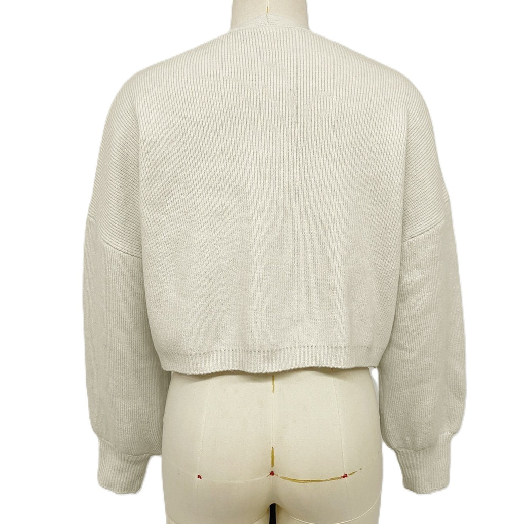 Cropped Open Front Cardigan With Line Art Flowers - Beige - 2