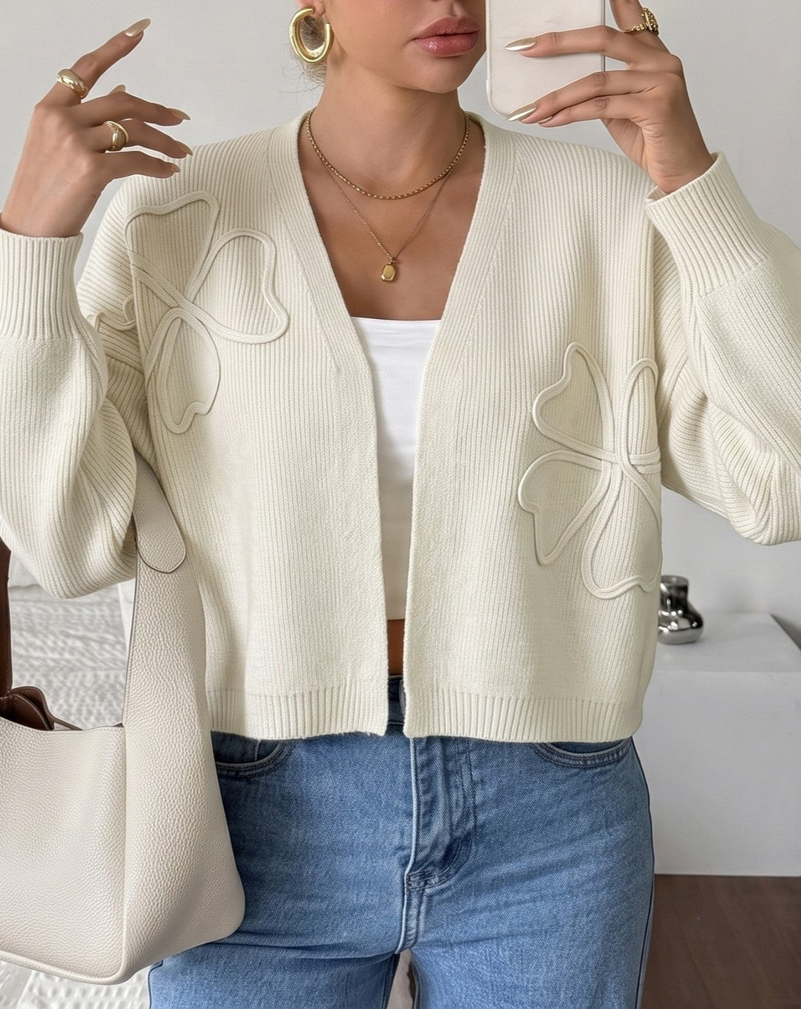Cropped Open Front Cardigan With Line Art Flowers - Beige - 4