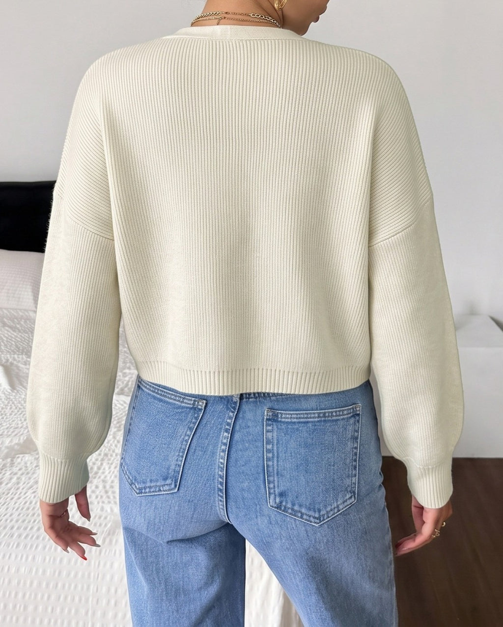 Cropped Open Front Cardigan With Line Art Flowers - Beige - 5