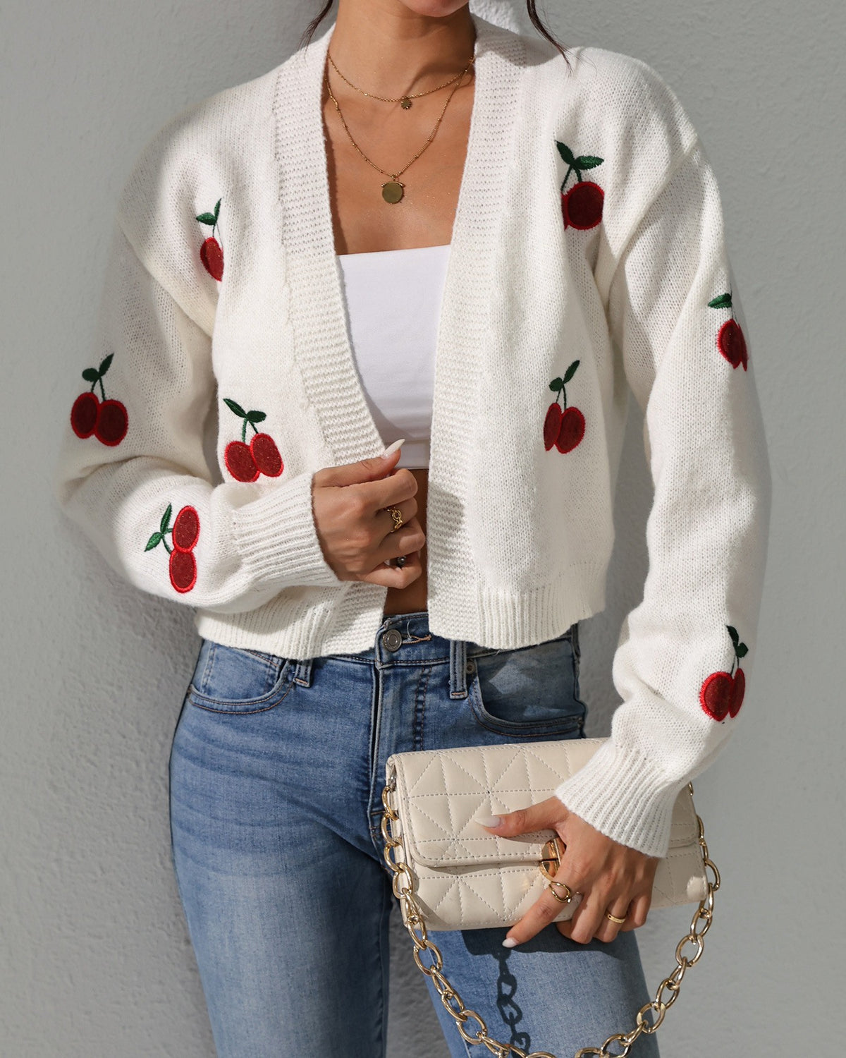 Cropped Open Front Cherry Knit Cardigan - Off-White