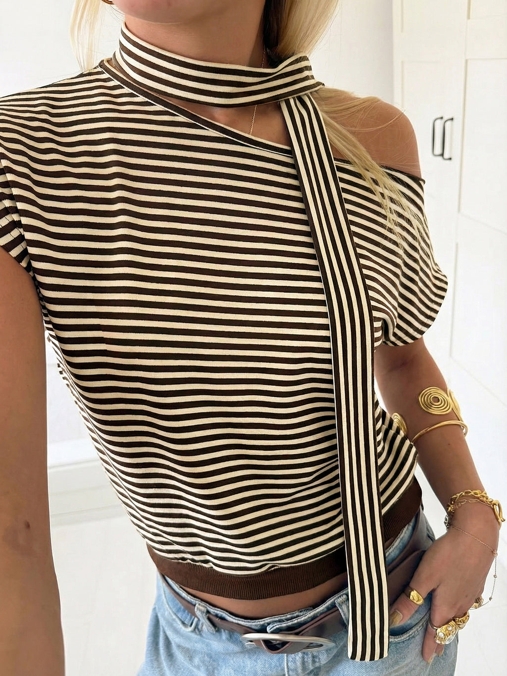 Striped Mock Neck One Shoulder Crop Tee - Coffee - 2