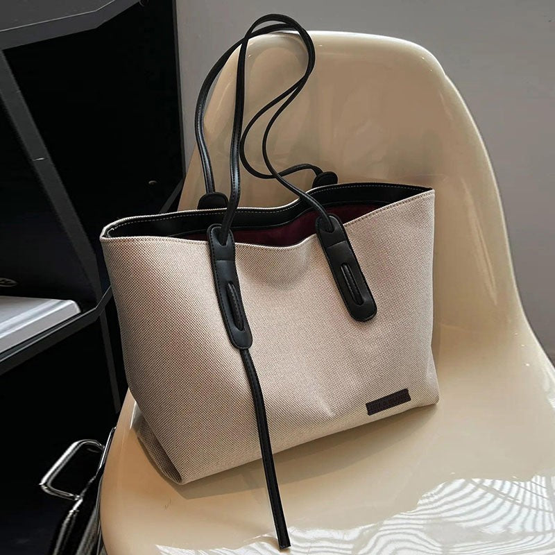 Canvas Work Tote Bag with Leather-Look Straps - Black Trim