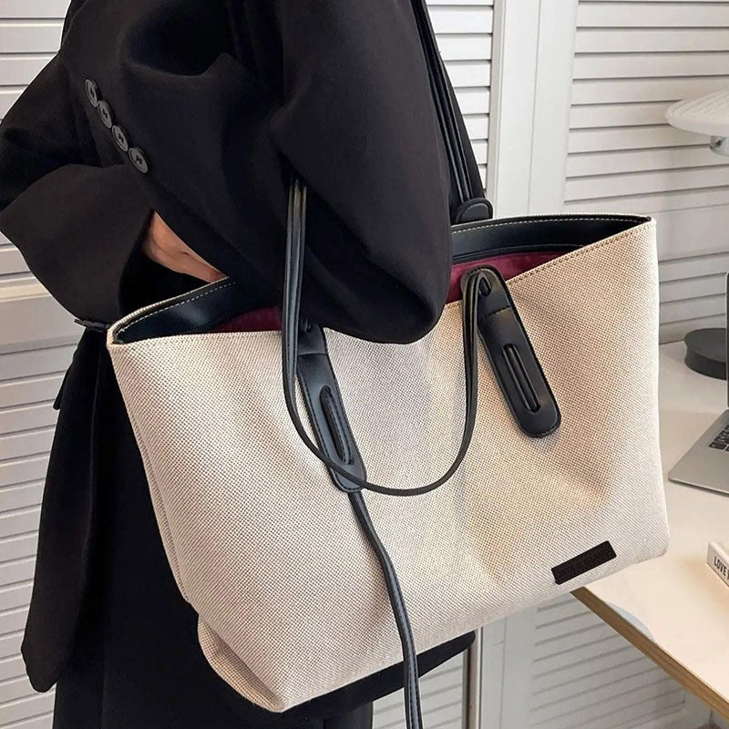 Canvas Work Tote Bag with Leather-Look Straps