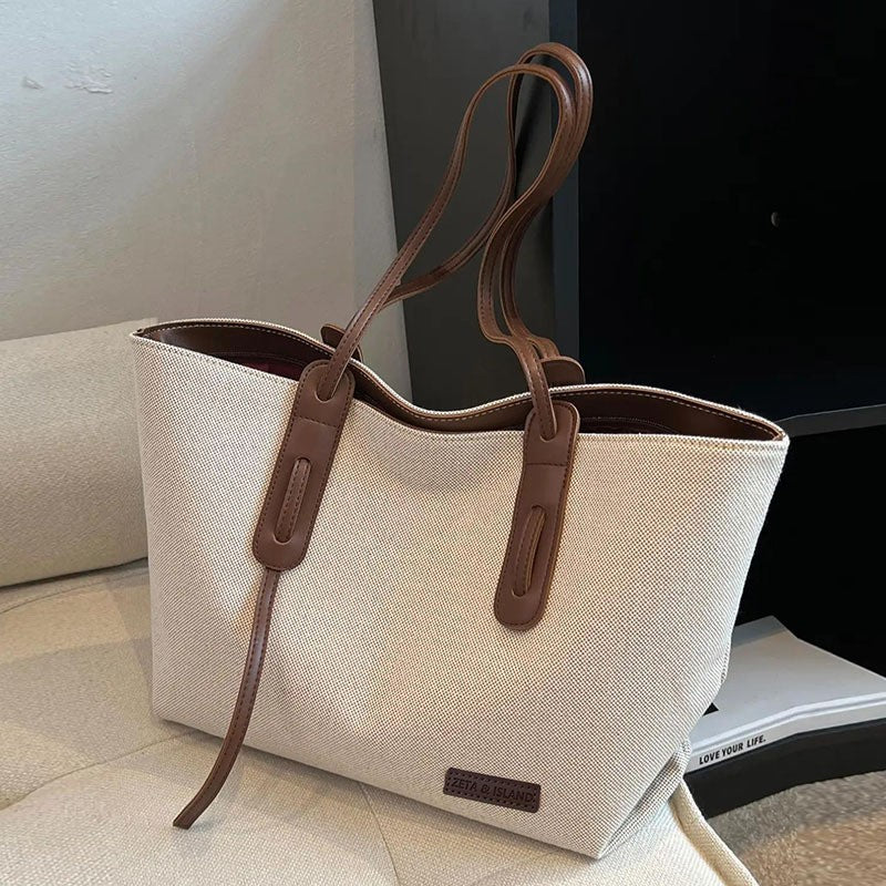 Canvas Work Tote Bag with Leather-Look Straps
