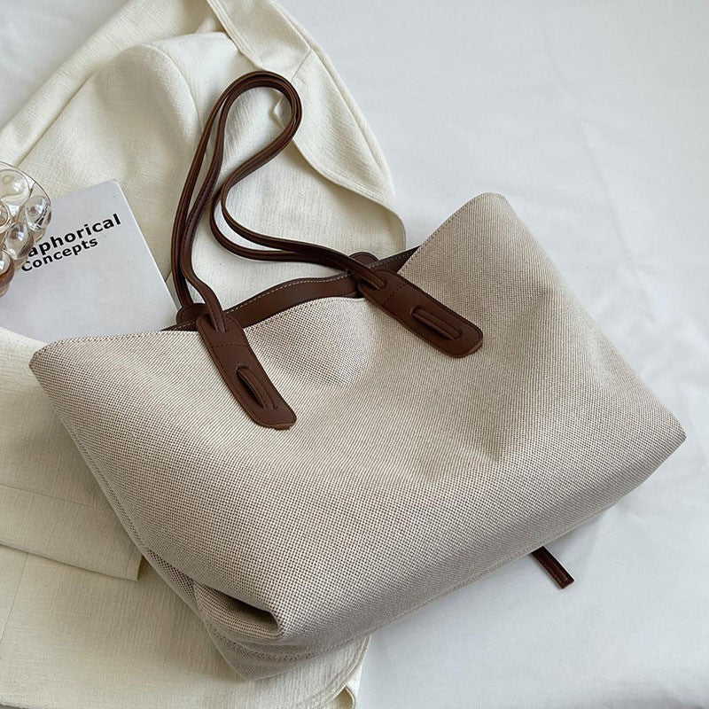 Canvas Work Tote Bag with Leather-Look Straps
