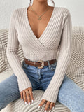 Ribbed Knit Surplice Wrap V Neck Top - Apricot