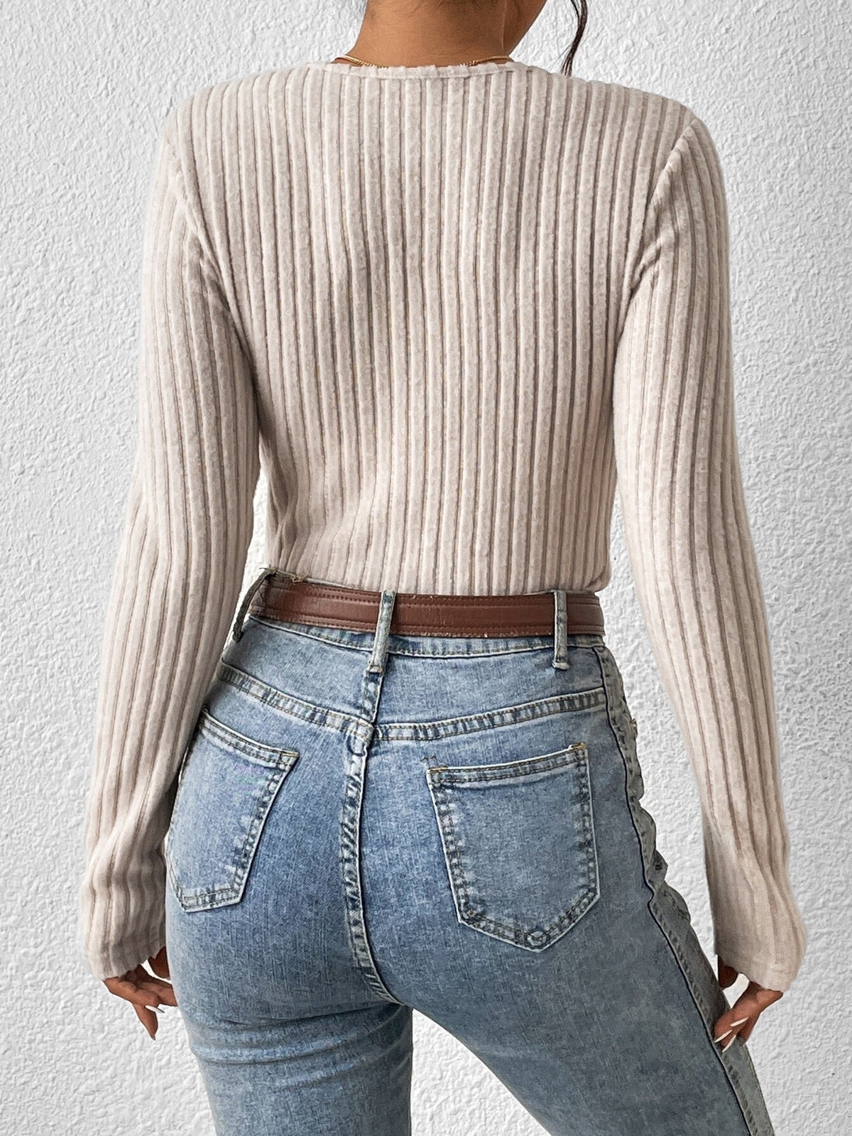 Ribbed Knit Surplice Wrap V Neck Top - Apricot - 2