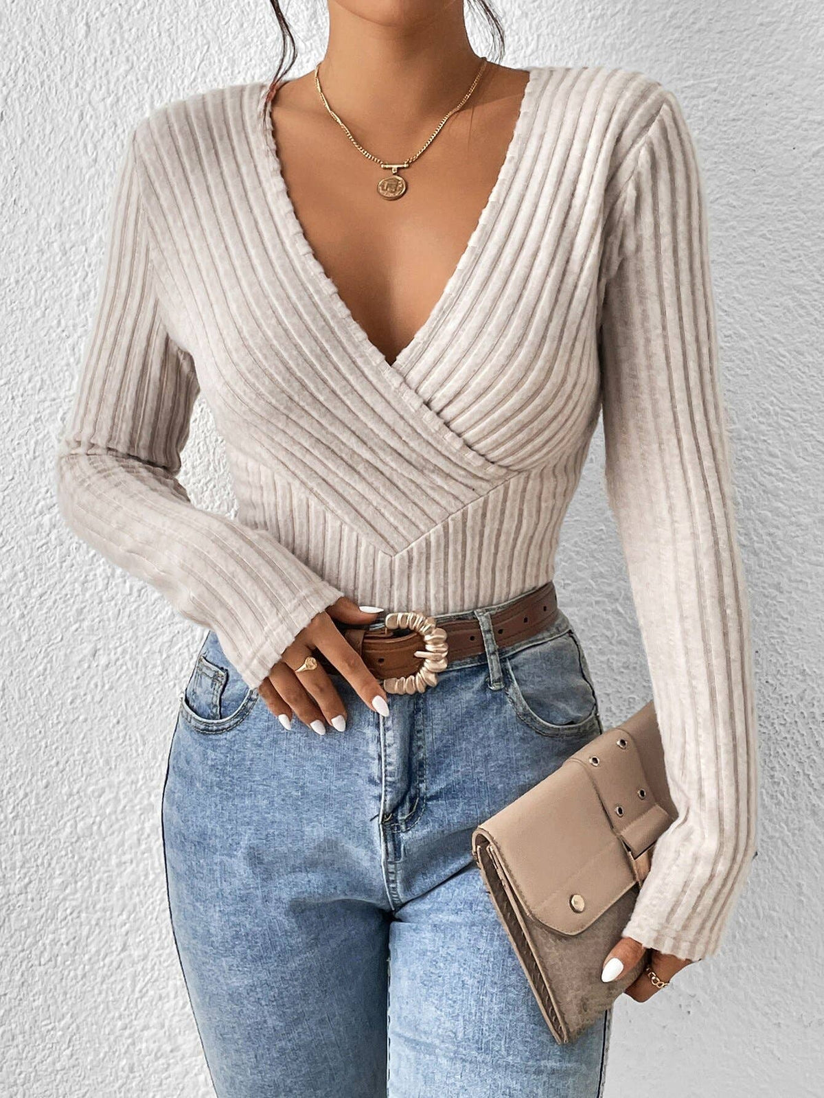 Ribbed Knit Surplice Wrap V Neck Top
