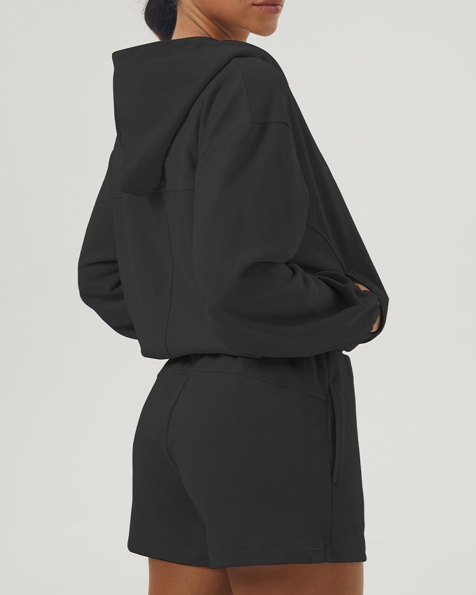 Zip Hoodie And Running Shorts Set - Black - 1