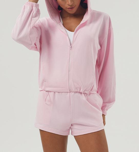 Zip Hoodie And Running Shorts Set - Pink