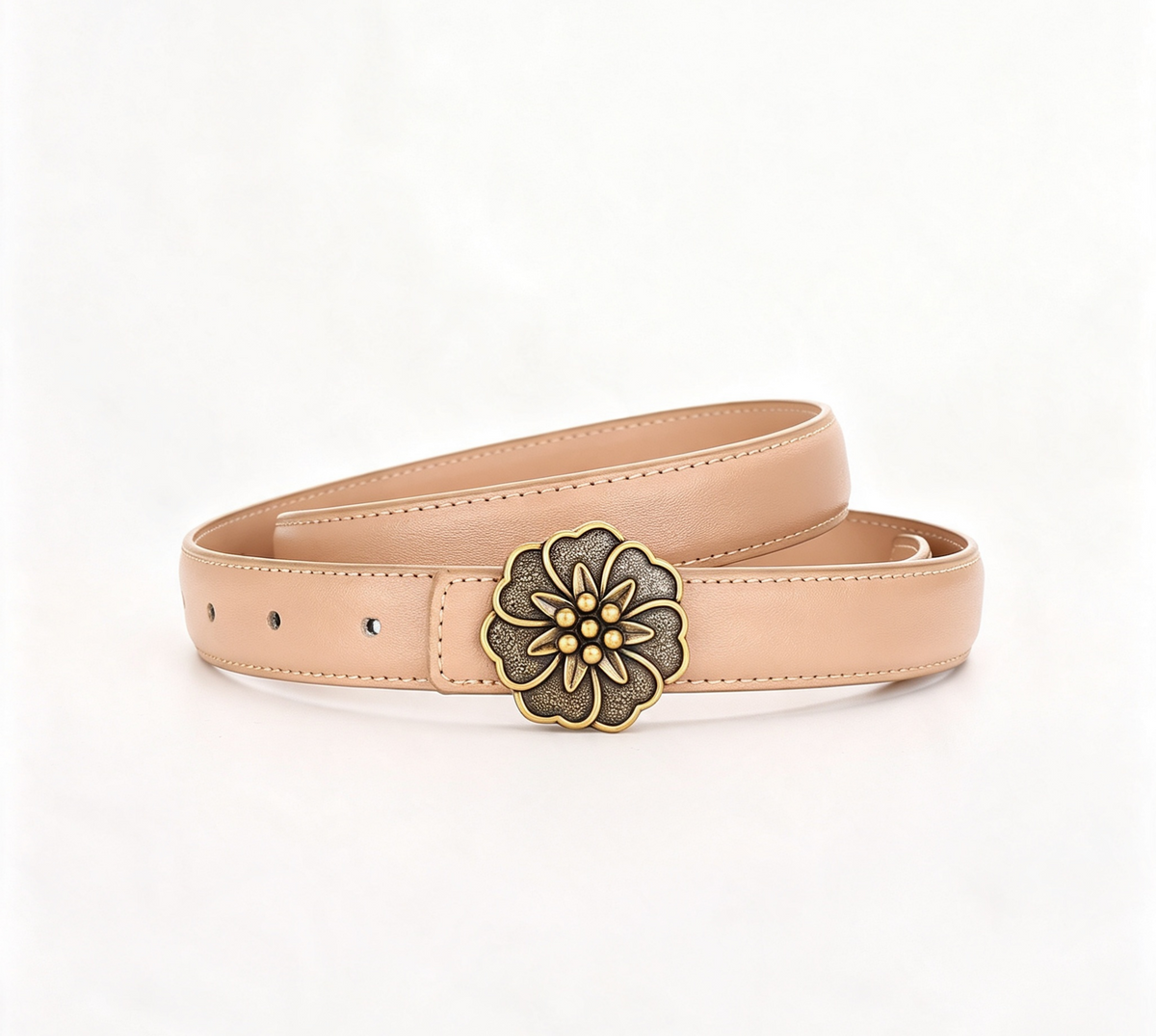 Carved Rosette Buckle Slim Waist Belt - Gold_Beige
