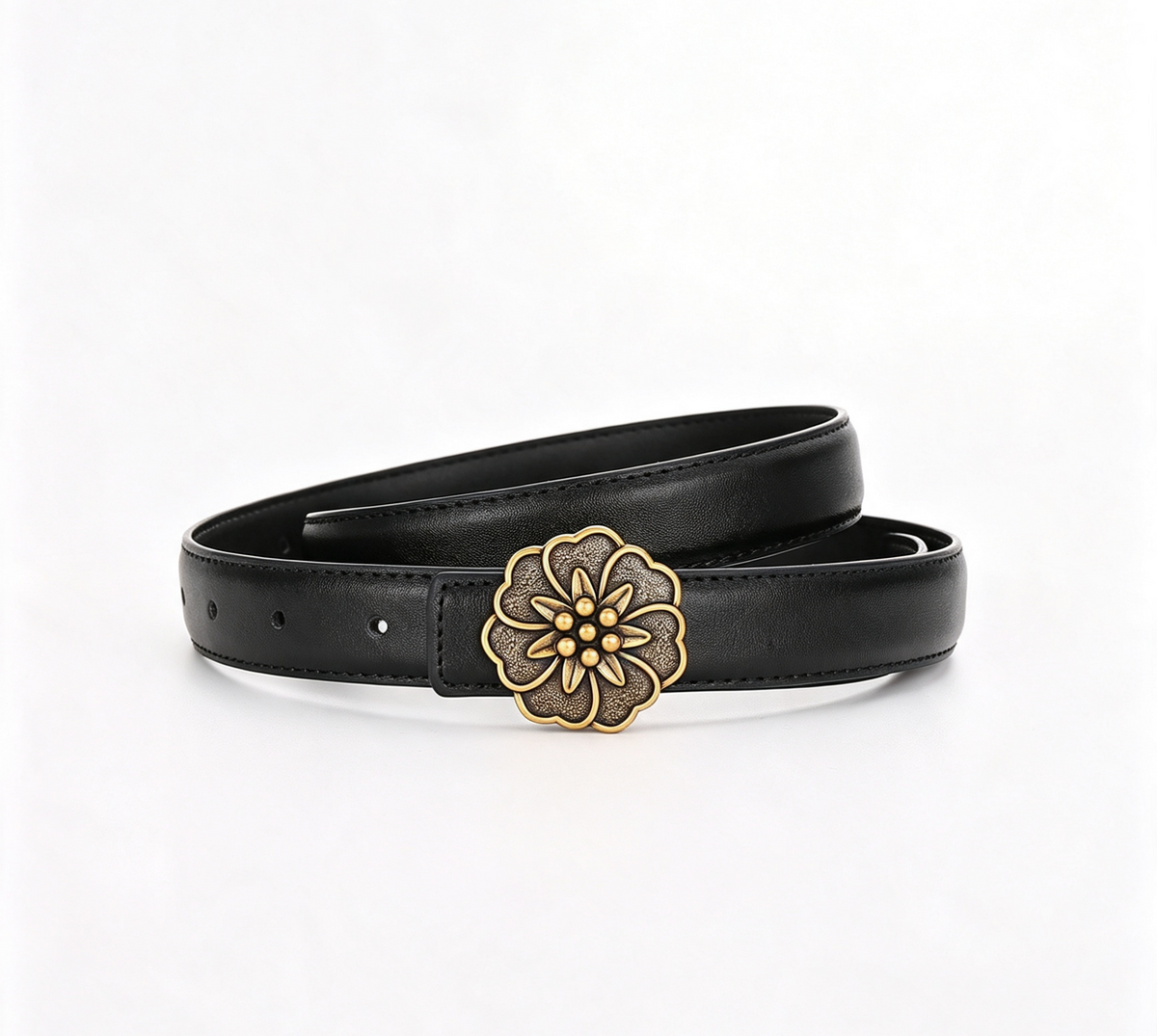 Carved Rosette Buckle Slim Waist Belt - Gold_Black
