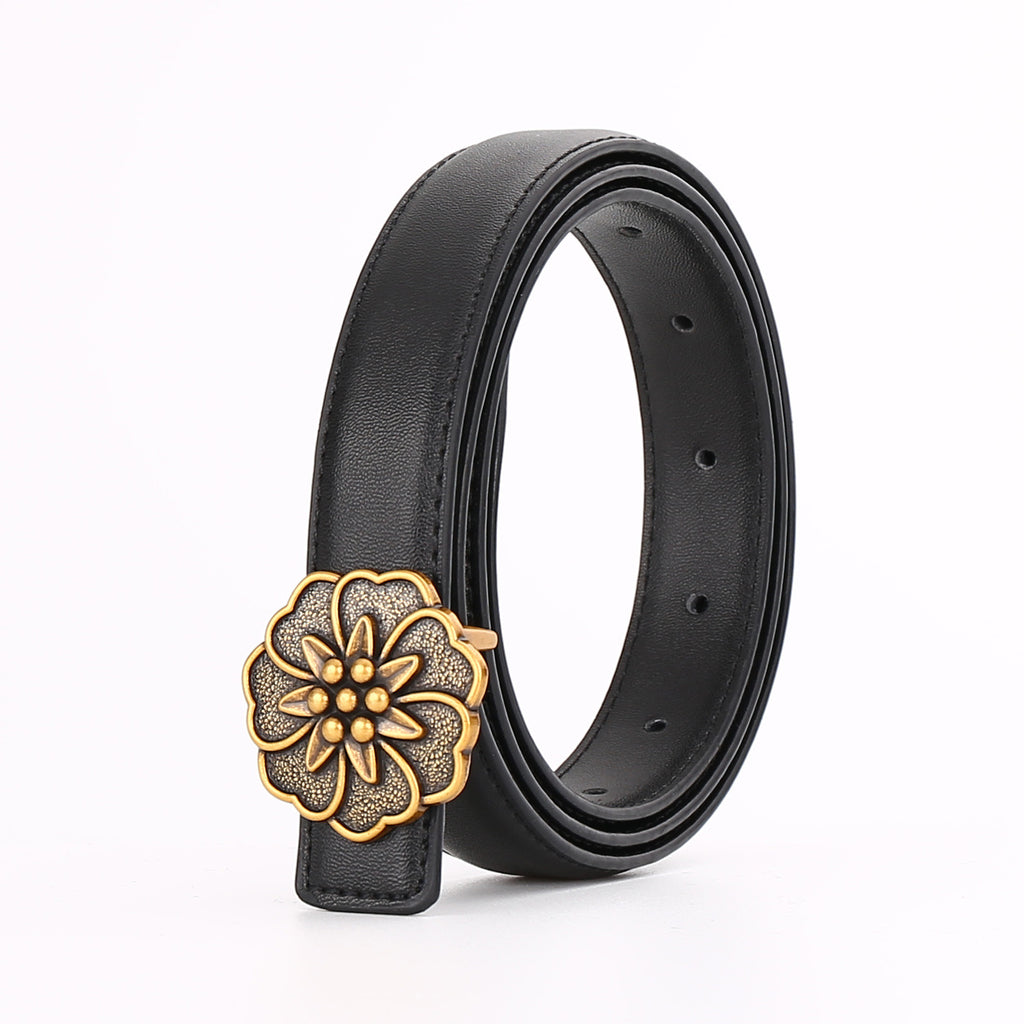 Carved Rosette Buckle Slim Waist Belt - Gold_Black - 1