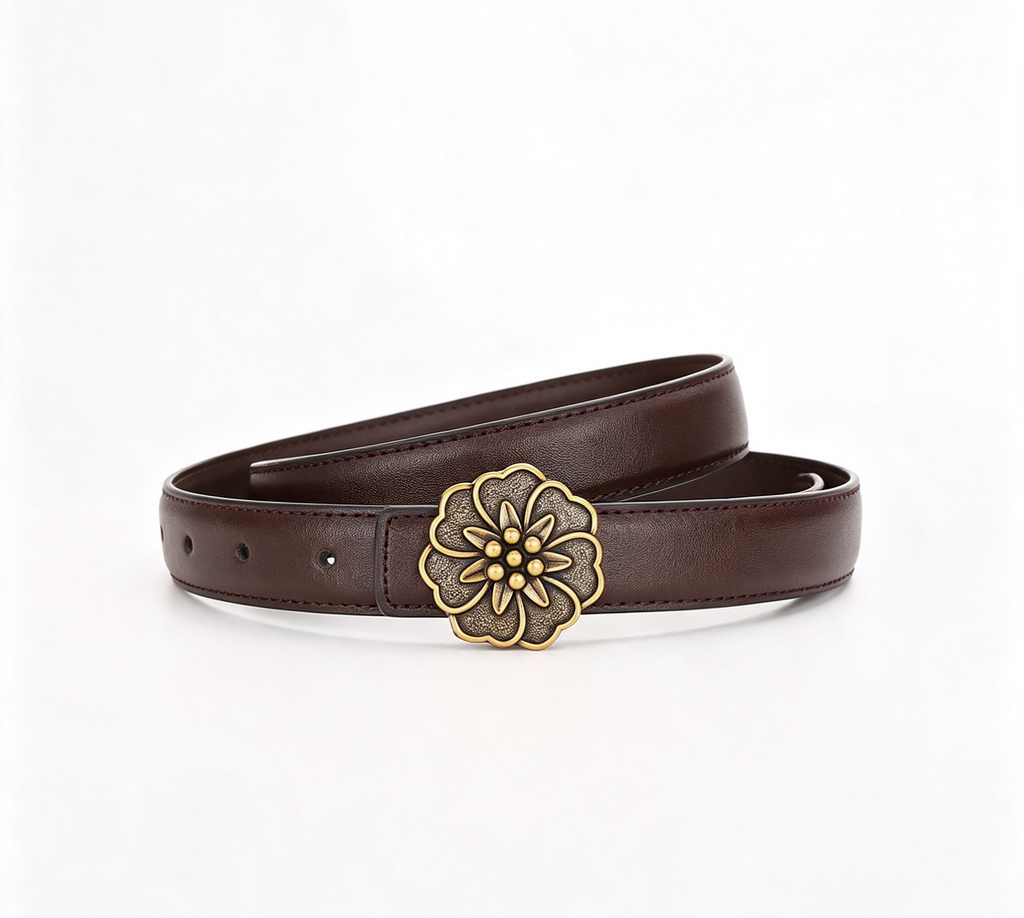 Carved Rosette Buckle Slim Waist Belt - Gold_Brown