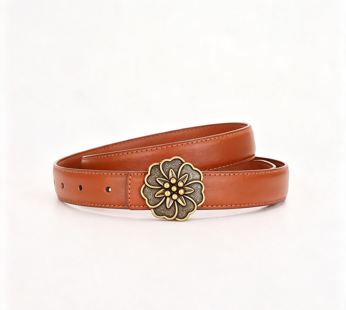 Carved Rosette Buckle Slim Waist Belt - Gold_Orange