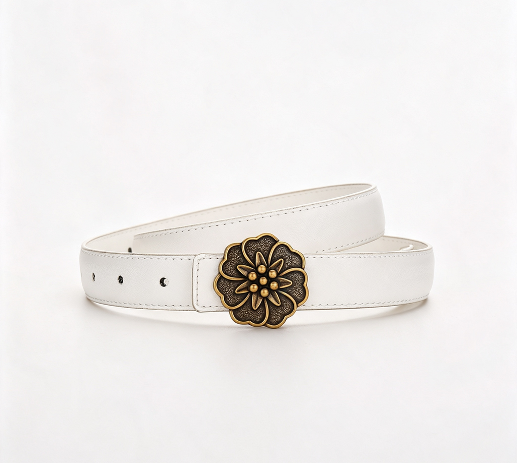 Carved Rosette Buckle Slim Waist Belt - Gold_White