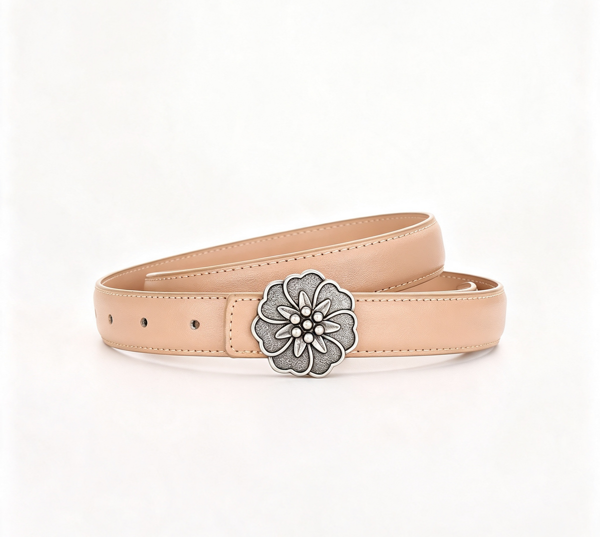 Carved Rosette Buckle Slim Waist Belt - Silver_Beige