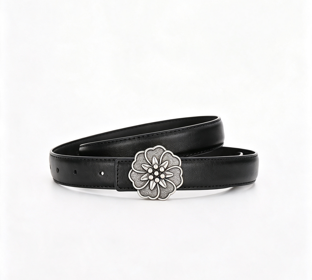 Carved Rosette Buckle Slim Waist Belt - Silver_Black