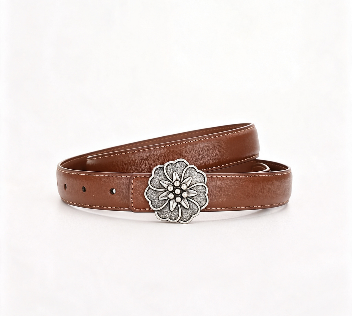 Carved Rosette Buckle Slim Waist Belt - Silver_Camel