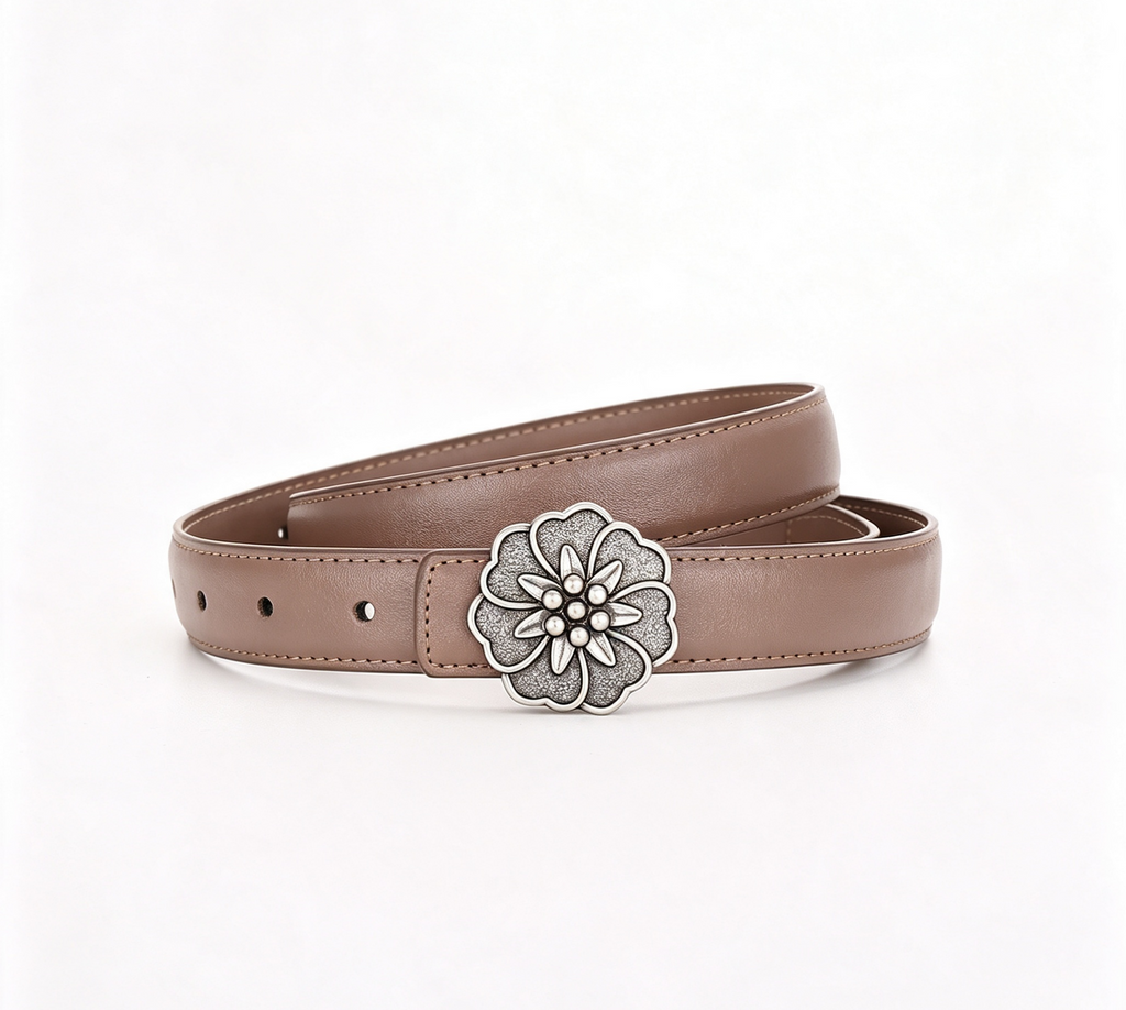 Carved Rosette Buckle Slim Waist Belt - Silver_Khaki