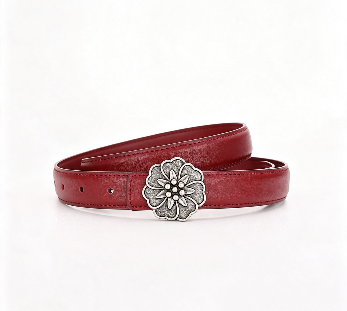 Carved Rosette Buckle Slim Waist Belt - Silver_Red