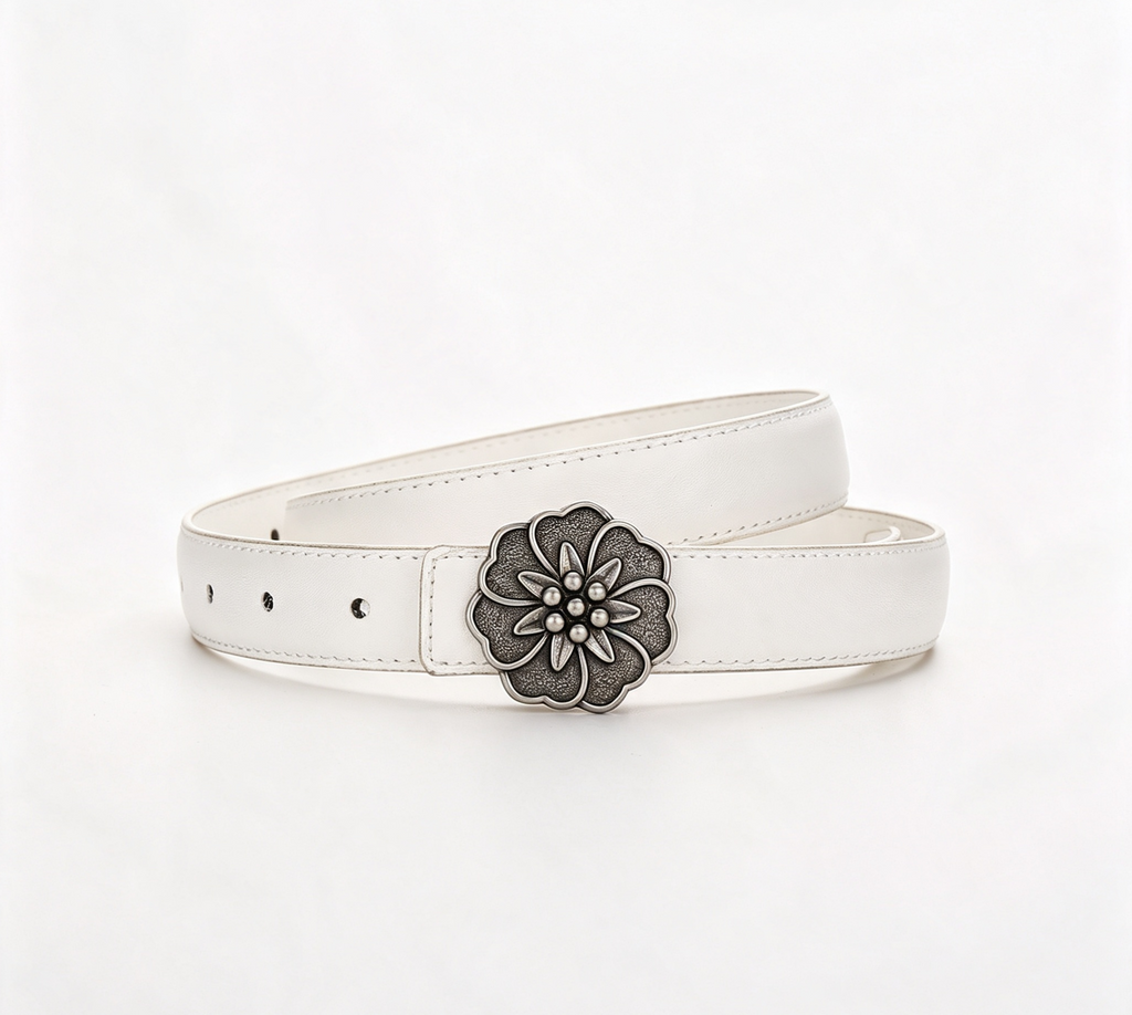 Carved Rosette Buckle Slim Waist Belt - Silver_White
