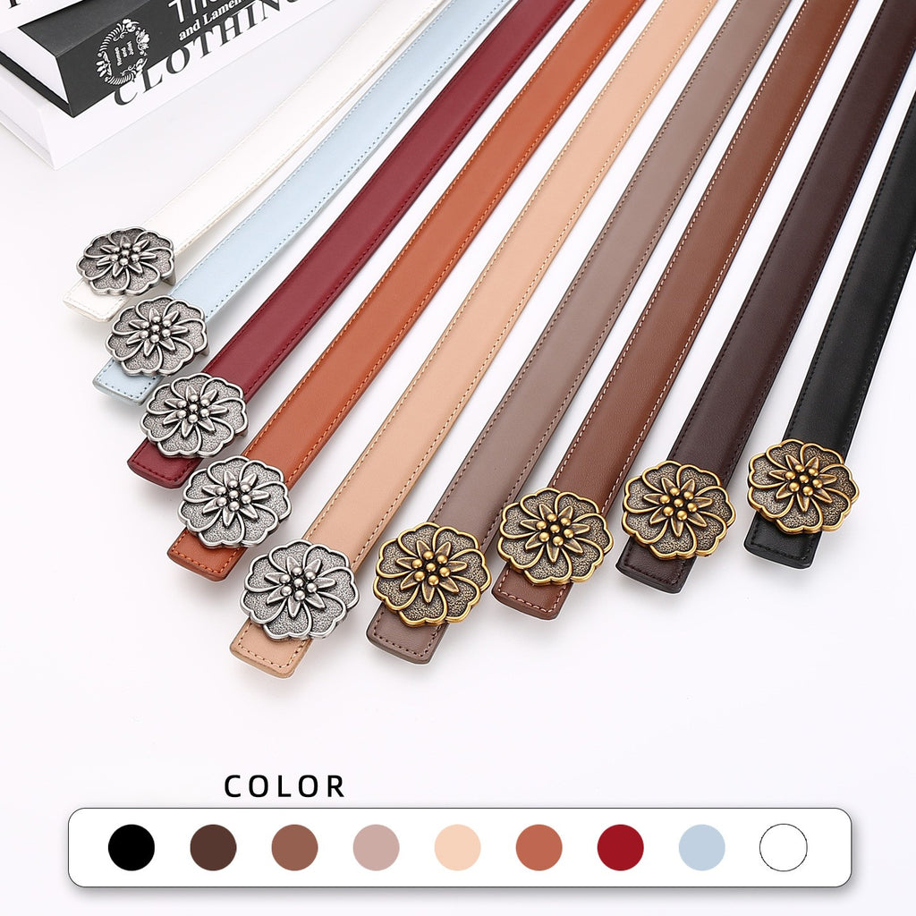 Carved Rosette Buckle Slim Waist Belt