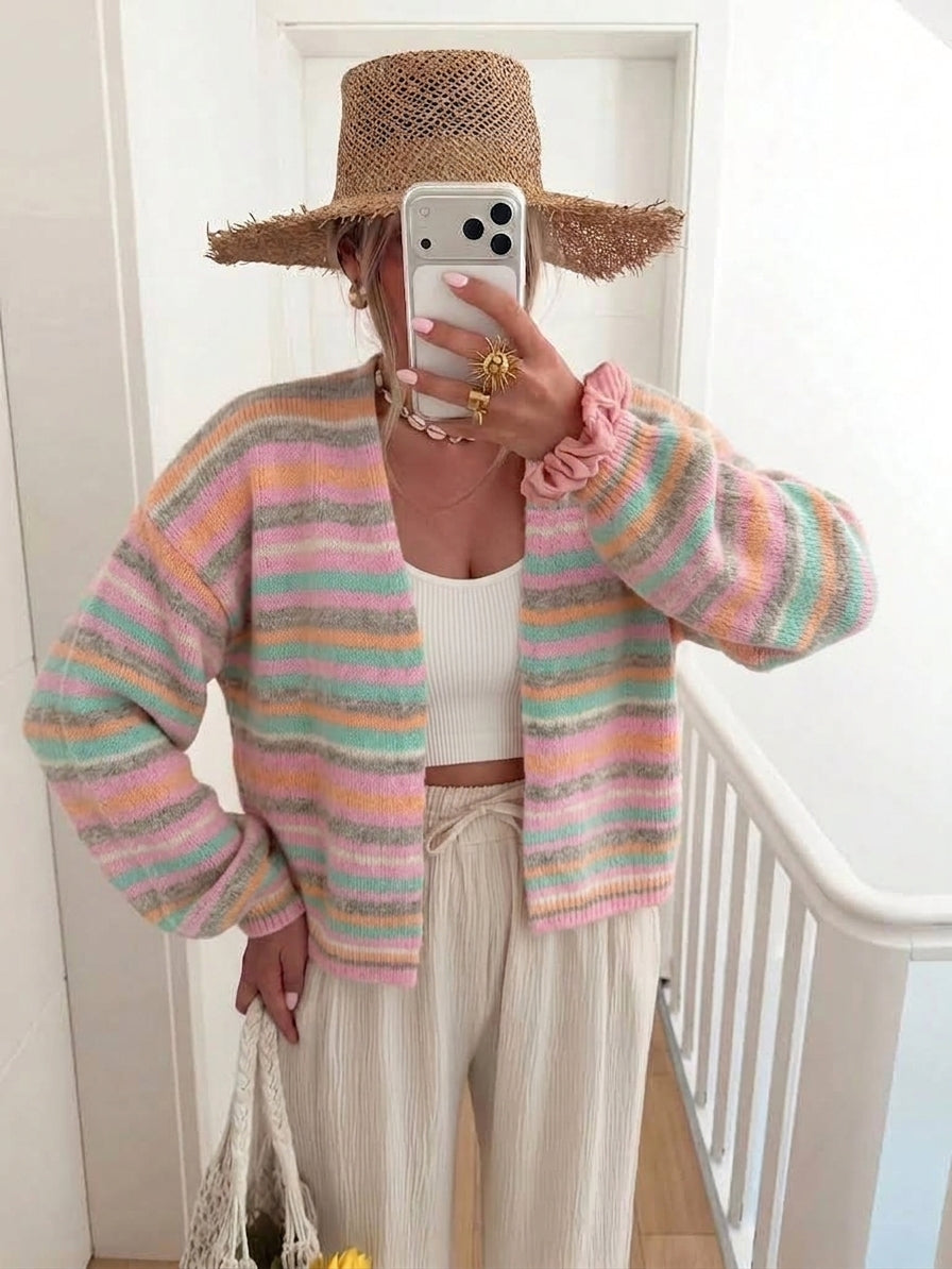 Pastel Striped Long Sleeve Knit Cardigan - Striped - 1