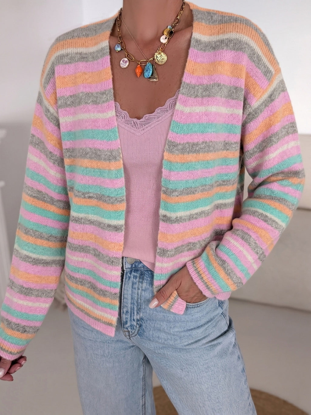 Pastel Striped Long Sleeve Knit Cardigan - Striped - 2