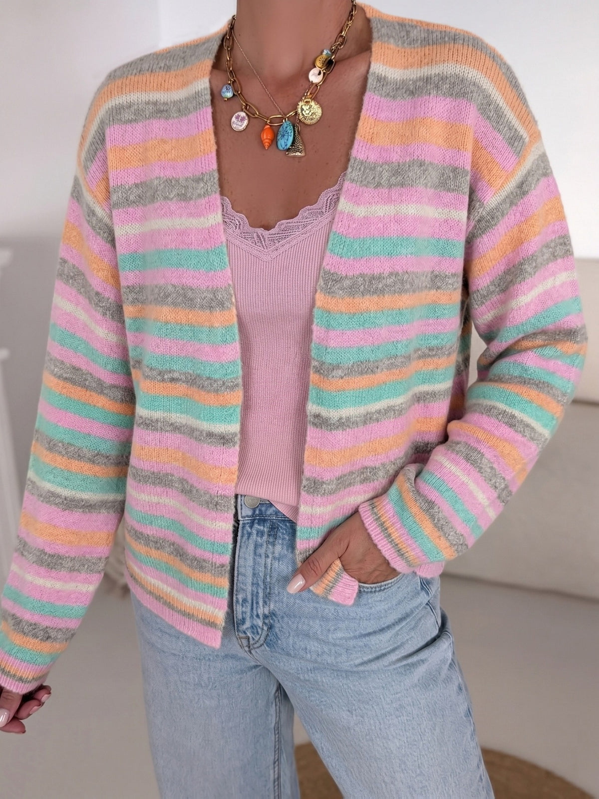 Pastel Striped Long Sleeve Knit Cardigan - Striped - 2