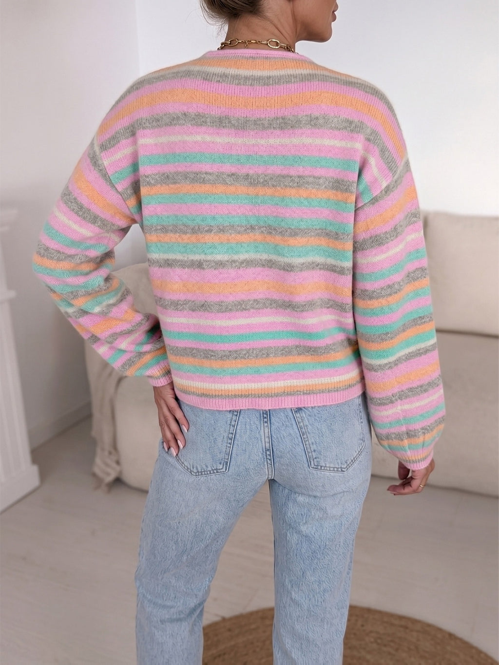 Pastel Striped Long Sleeve Knit Cardigan - Striped - 3