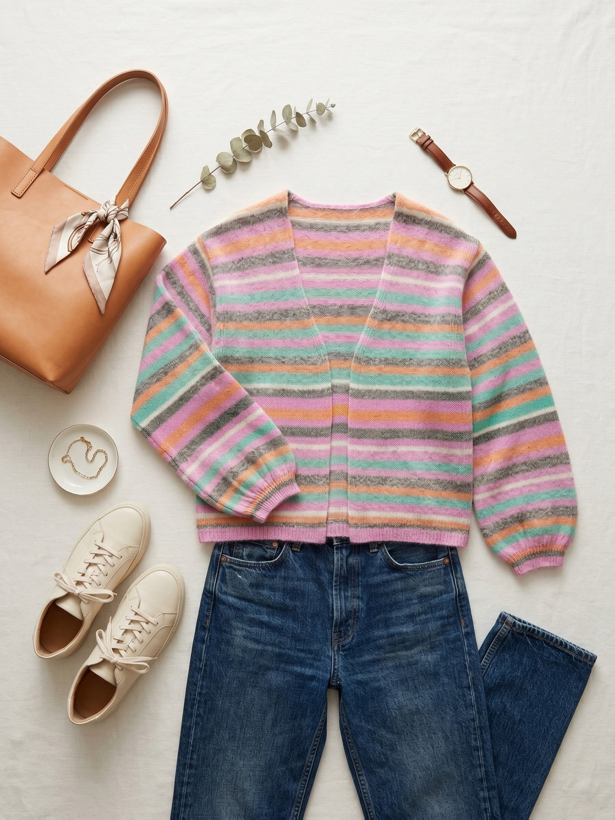 Pastel Striped Long Sleeve Knit Cardigan - Striped - 5