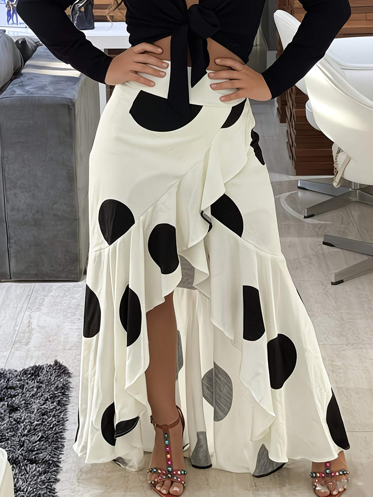 Ruffled Wrap Maxi Skirt With High Slit - Begie - 1