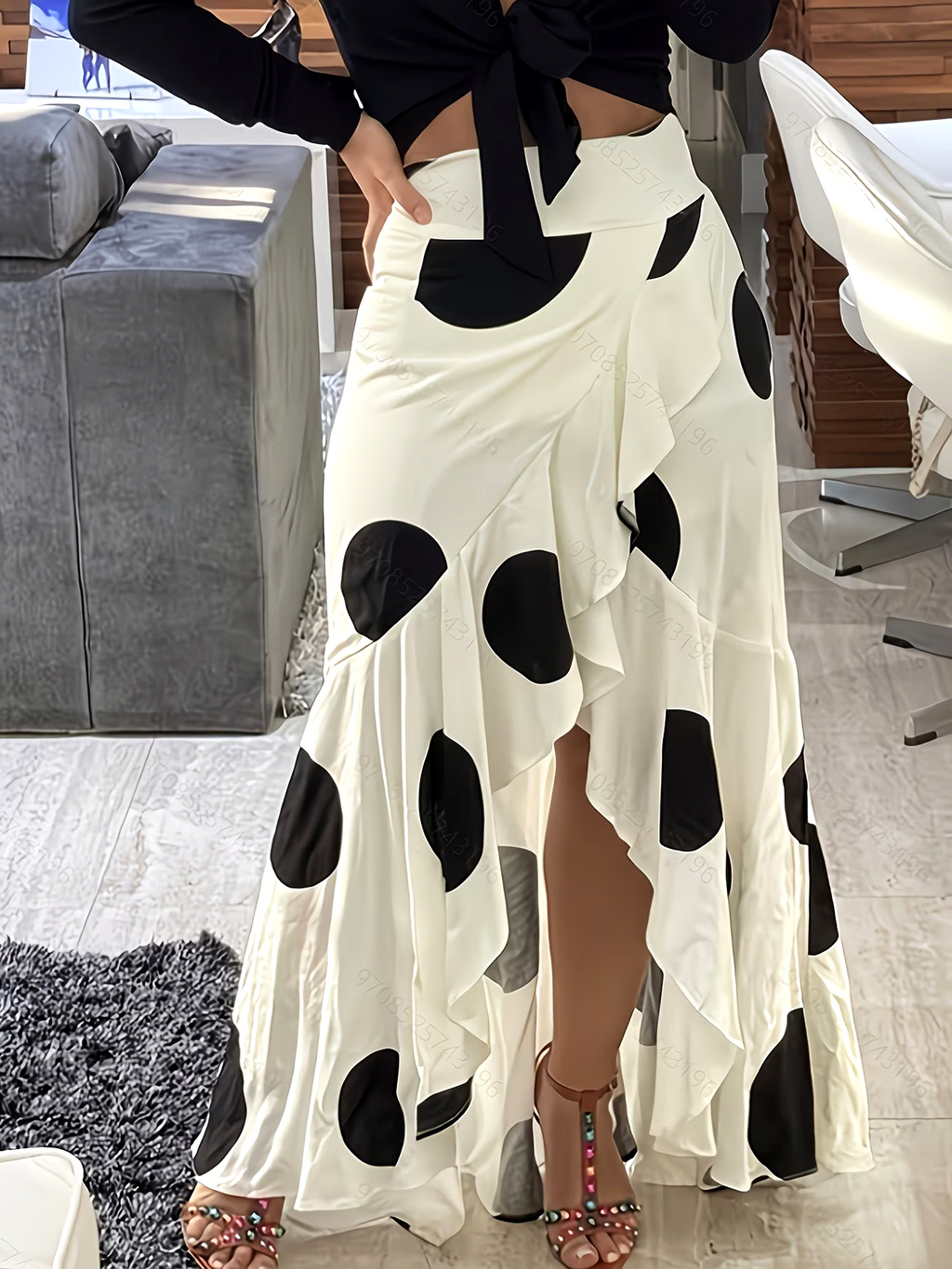 Ruffled Wrap Maxi Skirt With High Slit - Begie - 2