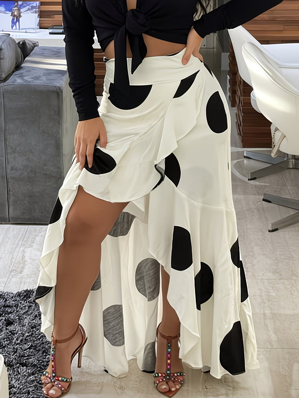 Ruffled Wrap Maxi Skirt With High Slit - Begie - 3