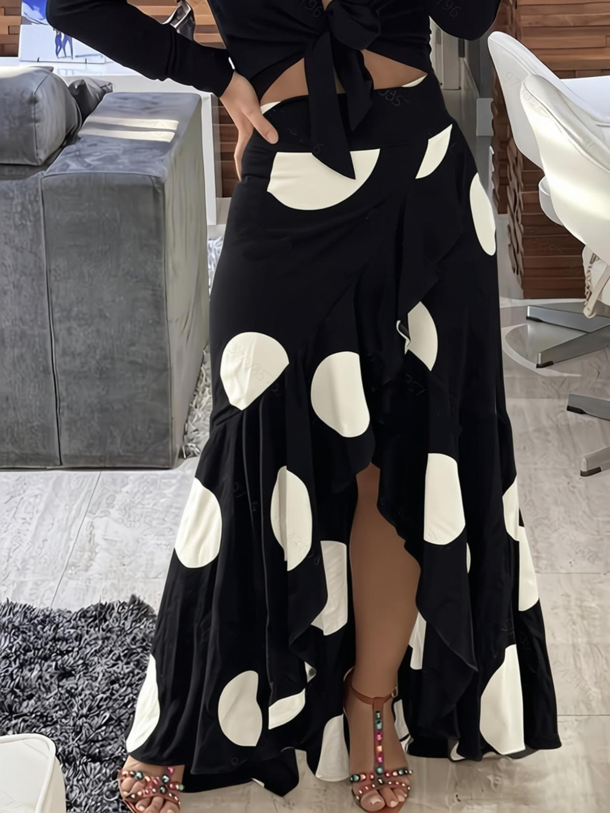 Ruffled Wrap Maxi Skirt With High Slit - Black