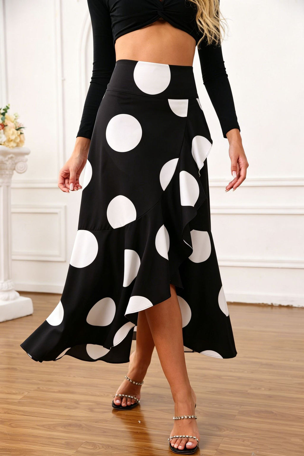 Ruffled Wrap Maxi Skirt With High Slit - Black - 1