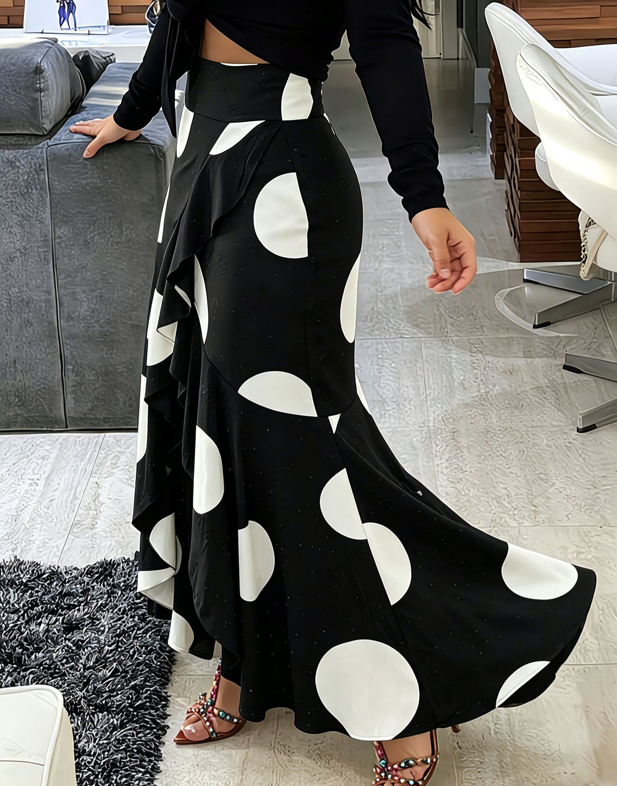 Ruffled Wrap Maxi Skirt With High Slit - Black - 2