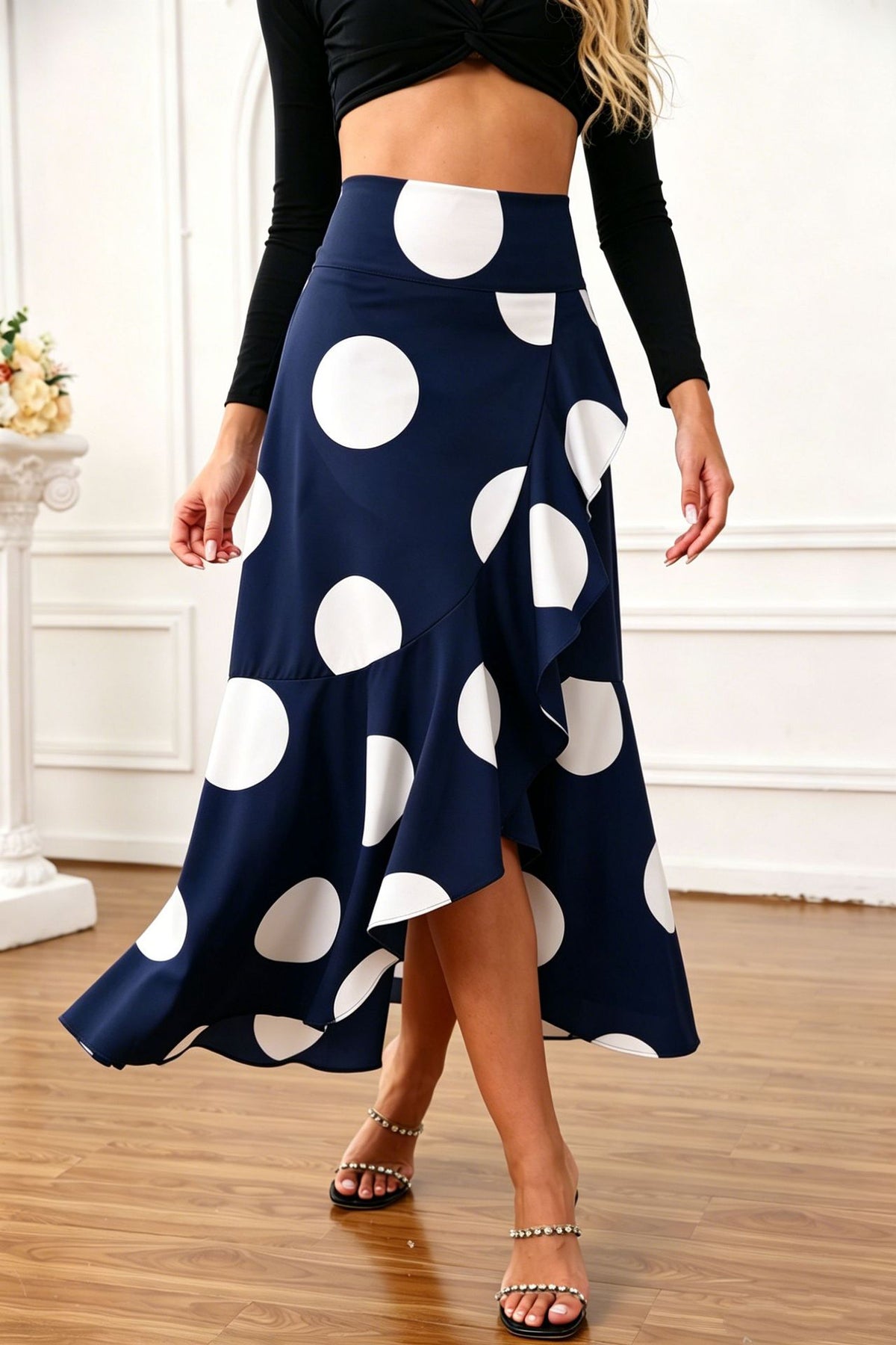 Ruffled Wrap Maxi Skirt With High Slit - DarkBlue