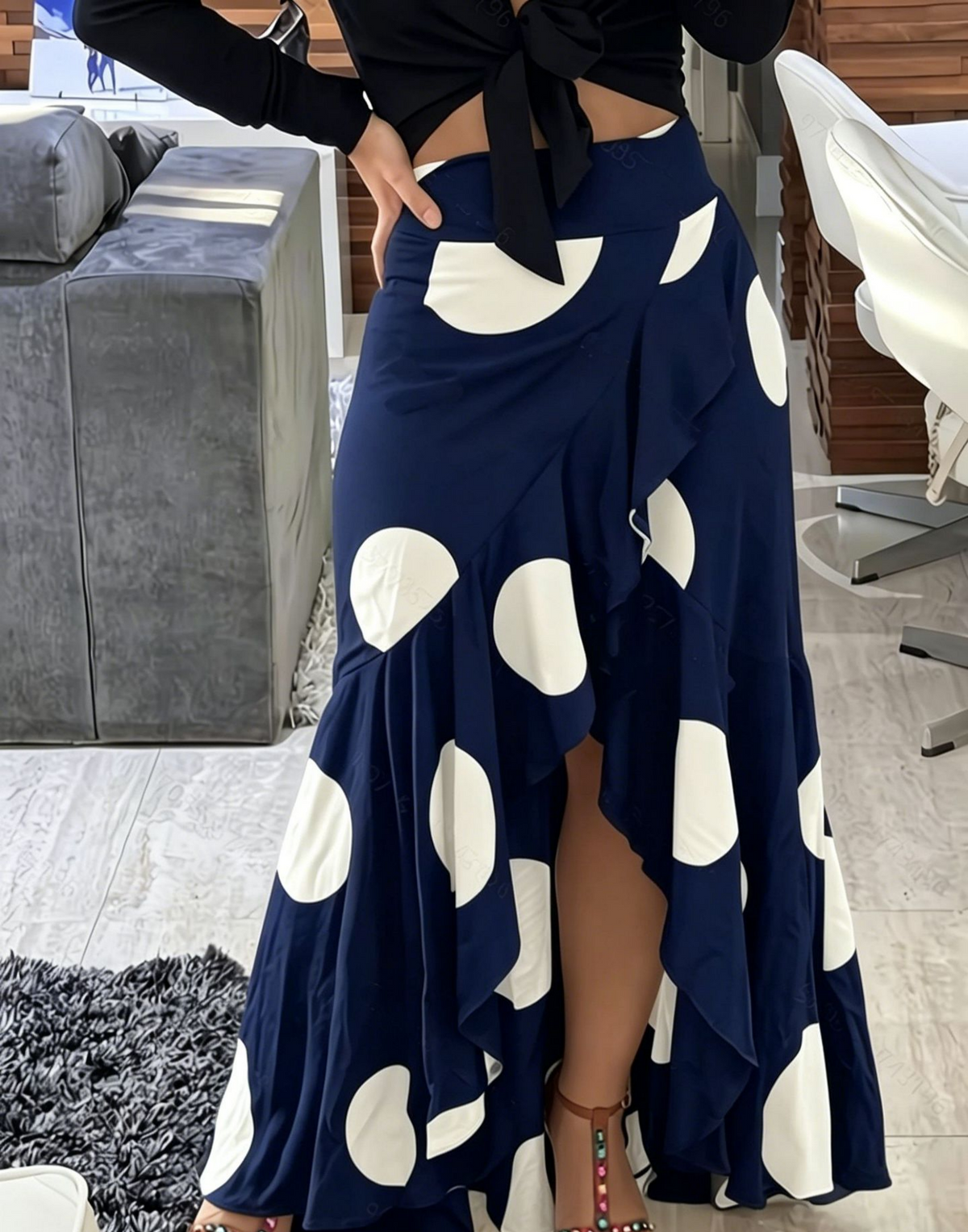 Ruffled Wrap Maxi Skirt With High Slit - DarkBlue - 1