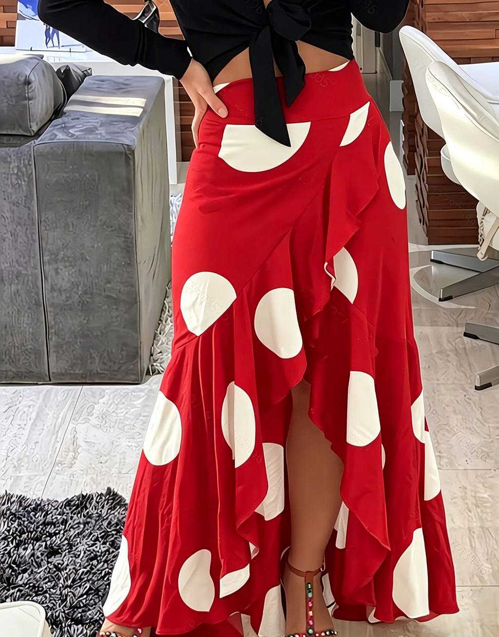 Ruffled Wrap Maxi Skirt With High Slit - Red
