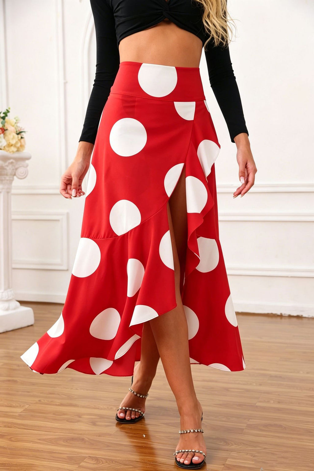 Ruffled Wrap Maxi Skirt With High Slit - Red - 1